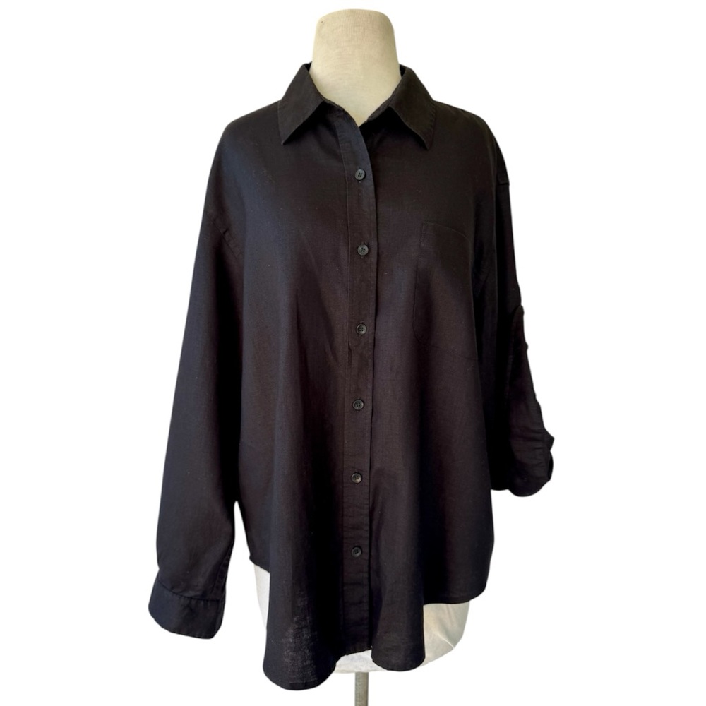 Jones New York Sport Black 100% Linen Button Front Top XL Roll Tab Sleeve EUC